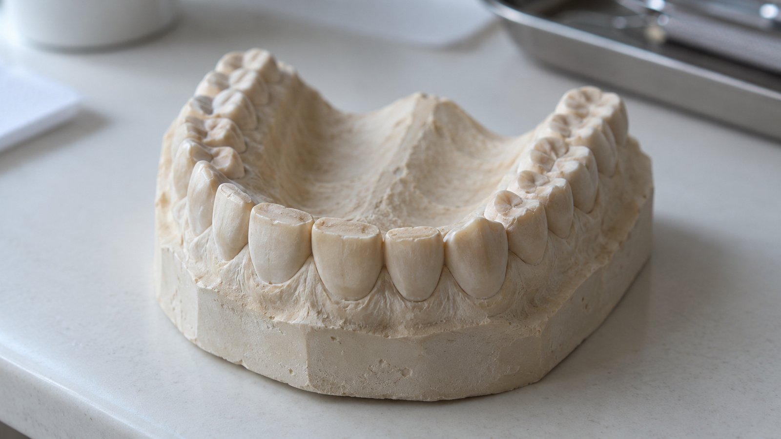 Modelo dental de la arcada superior con desgaste en los bordes de los dientes sobre mesa de clínica, luz suave, fotografía od