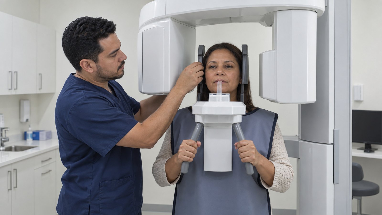 Técnico radiólogo colocando a una paciente en el equipo de radiografía panorámica dental de una clínica, ambiente iluminado y