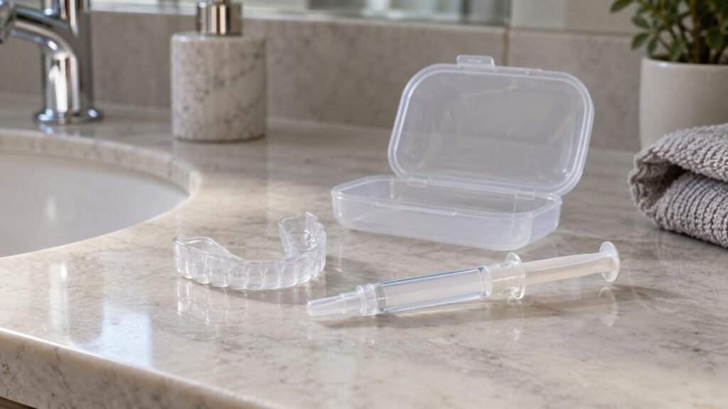 Kit de blanqueamiento dental casero con jeringa de gel y cubeta genérica sobre el mueble del baño, luz natural fría, fotograf