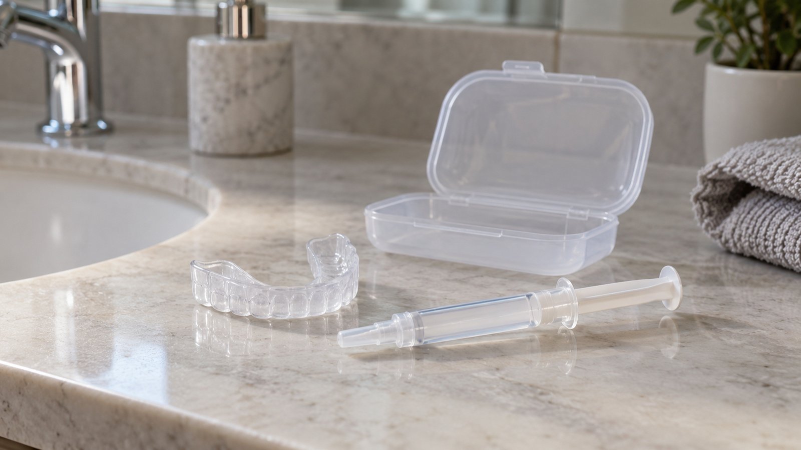 Kit de blanqueamiento dental casero con jeringa de gel y cubeta genérica sobre el mueble del baño, luz natural fría, fotograf