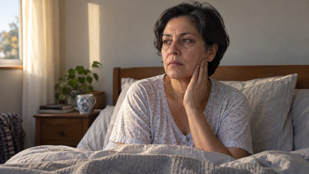 Mujer despierta en la cama al amanecer con la mano sobre la mandíbula tensa, luz suave de habitación, fotografía natural y tr