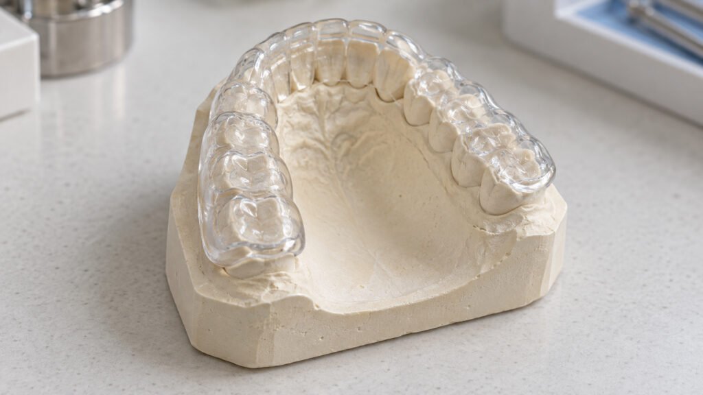 Férula de descarga transparente colocada sobre un modelo de la arcada superior en mesa de laboratorio dental, luz neutra, fot
