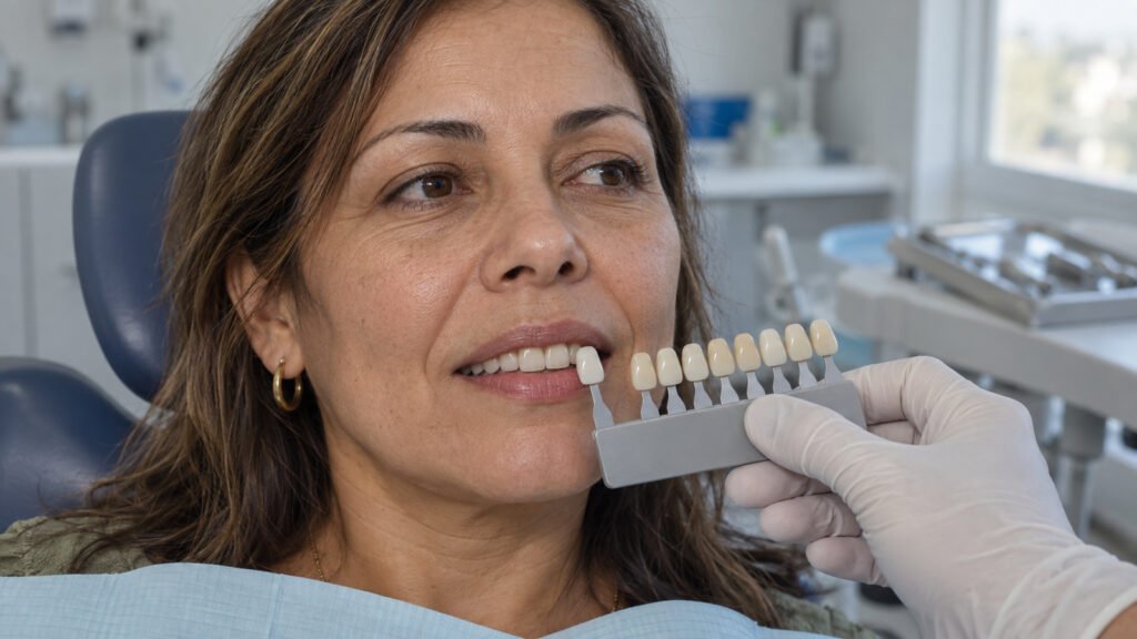 Guía de colores dentales sostenida junto a una paciente tranquila en consulta odontológica, luz natural suave, fotografía clí