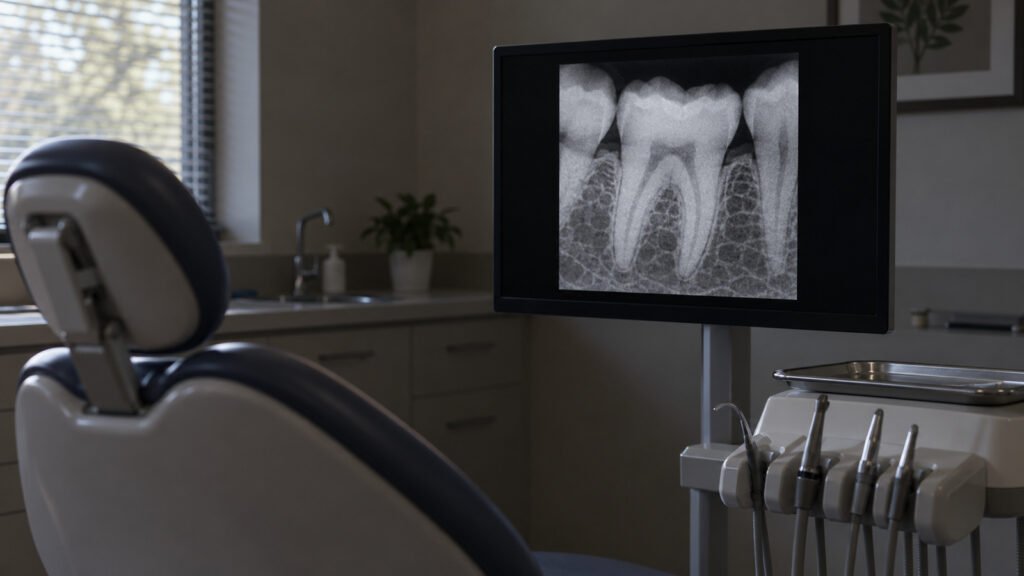 Radiografía periapical digital de un molar mostrada en la pantalla del consultorio junto al sillón dental, luz tenue, fotogra