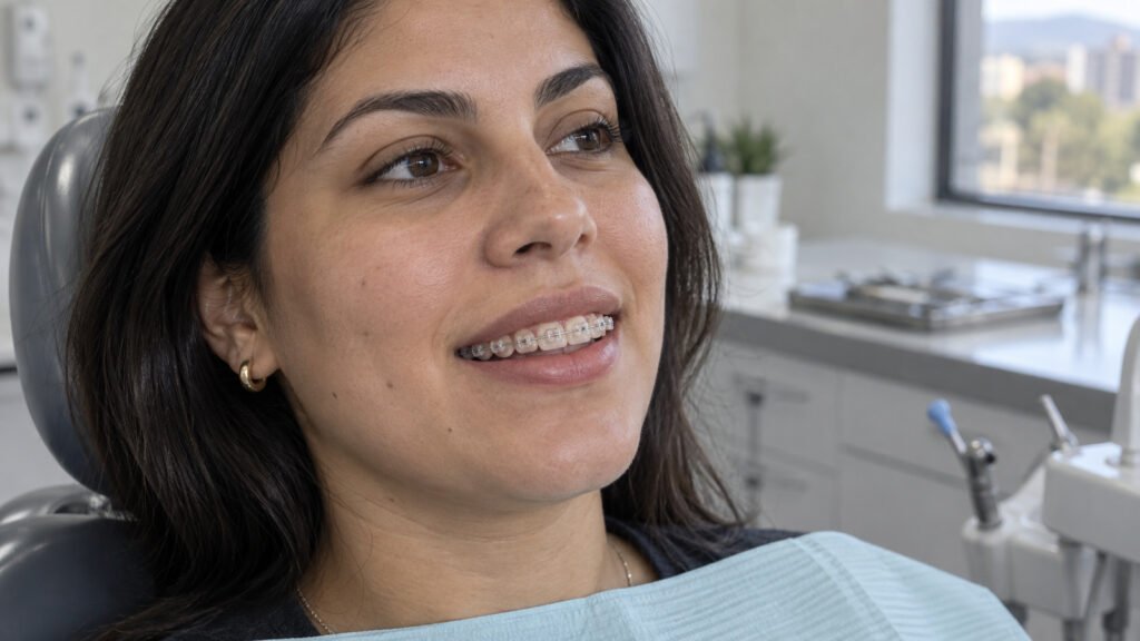 Brackets de zafiro transparentes colocados sobre los dientes superiores de una paciente adulta durante un control de ortodonc