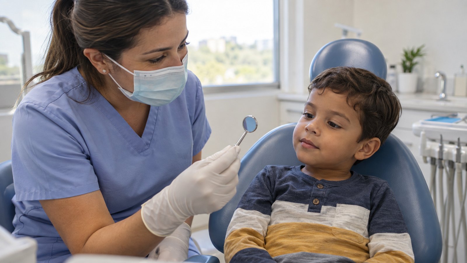 Niño pequeño sentado tranquilo en el sillón de odontopediatría mientras la odontóloga le muestra el espejo dental, ambiente l